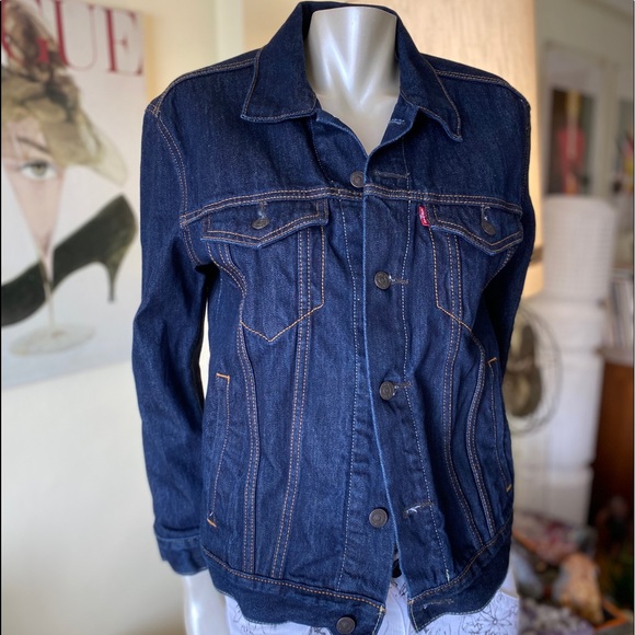 LEVIS Dark Denim Jacket Size Small Long Sleeves Metal Button Front Closure - Picture 8 of 9